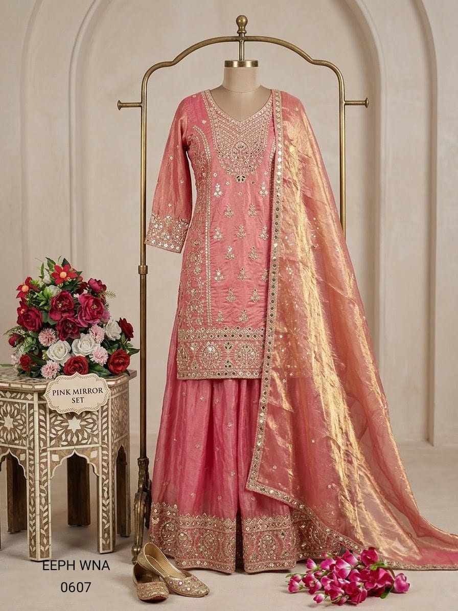 Peach Pink Embroidered Sharara Set